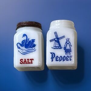 Vintage Milk Glass Salt Pepper‎ Shakers Blue Swan Windmill Graphics MCM Charming